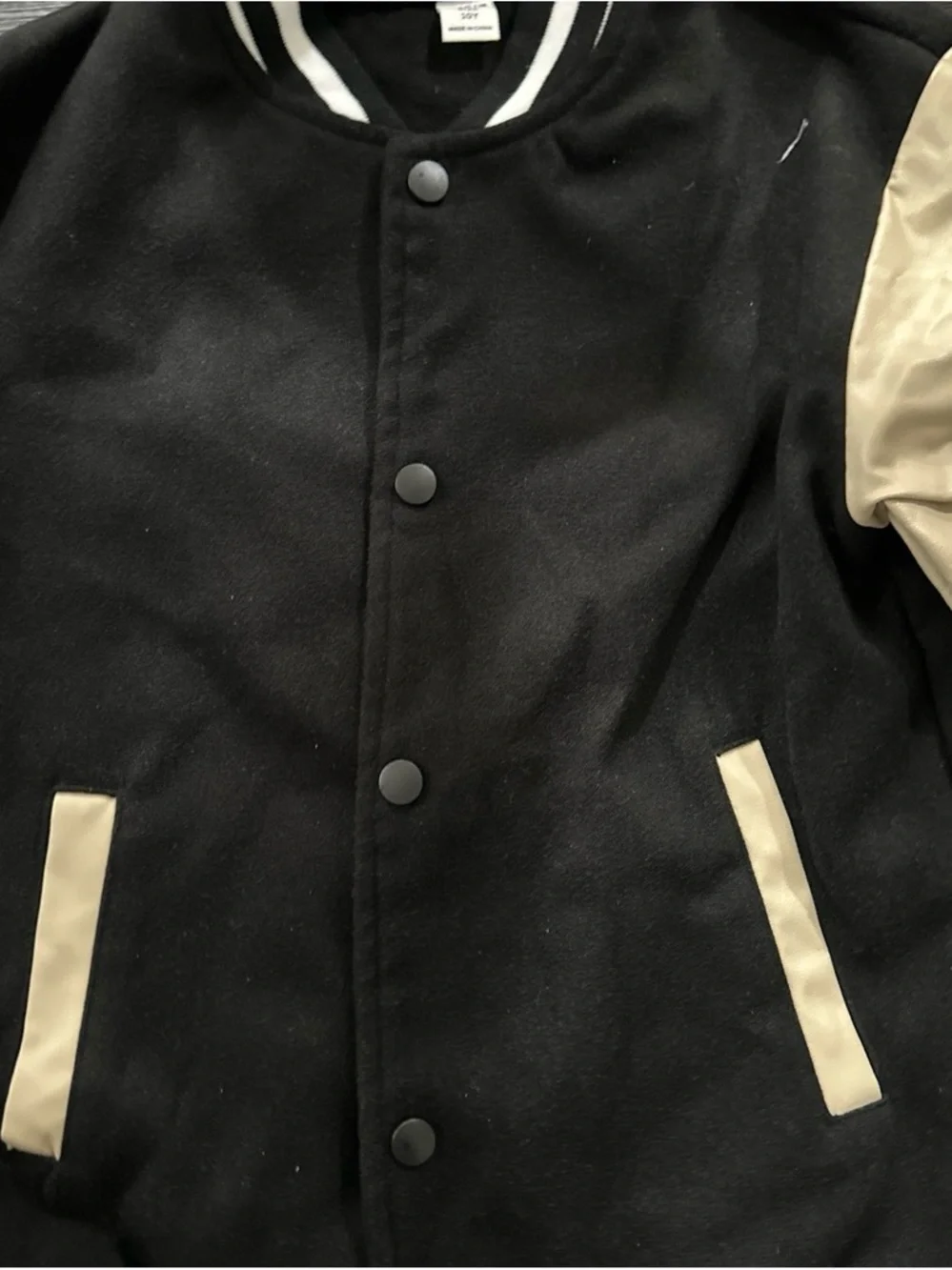 SHEIN Black and Cream Kids Varsity Bomber Jacket